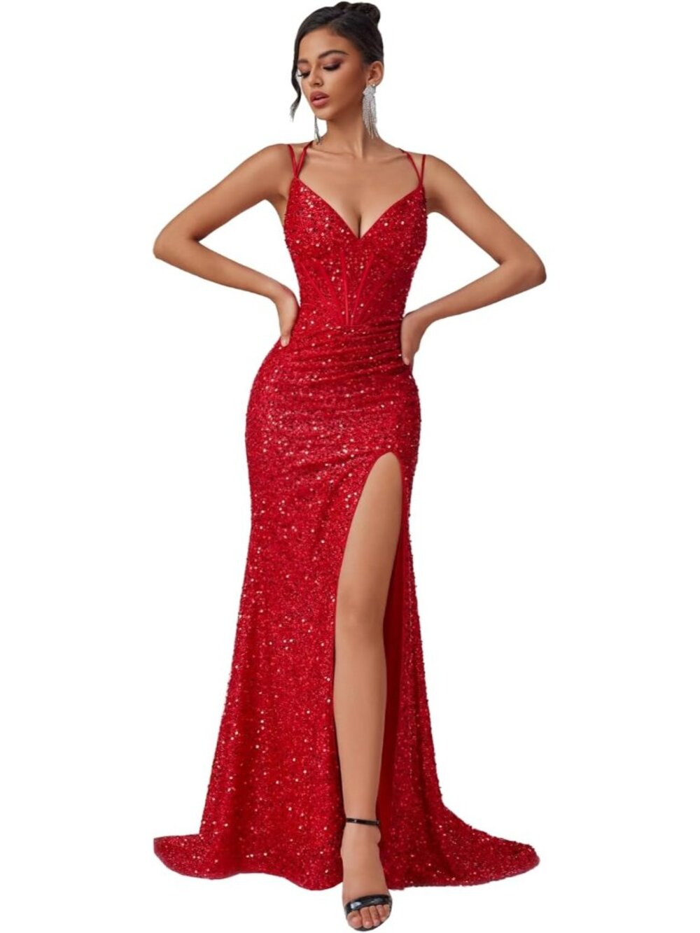 Women's Red Elegant Formal Tulle Sleeveless Cocktail Bodycon Maxi Dress